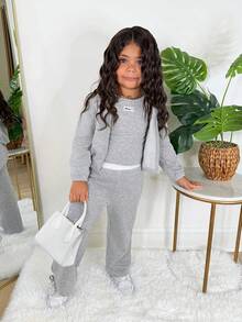 SHEIN Bộ đồ hoodie xám cho bé gái, trang phục thời trang mới thoải mái, đa năng, dễ mặc - Xám - Xem 4