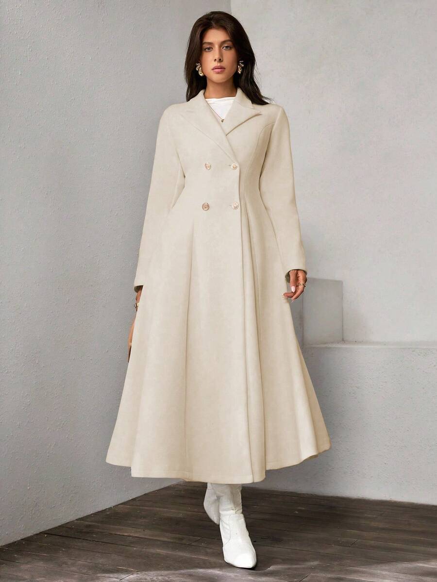Rafferiza 女士纯色长袖双排扣优雅大衣,秋冬款 - 米色 - 查看 1