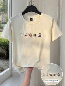 INAWLY Plus Size Women Halloween Cute Embroidered Pattern, Halloween Embroidered Pattern, Horror Season Embroidered Pattern Round Neck T-Shirt - Apricot - View 1
