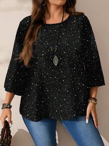 EMERY ROSE Blouse ample à col rond, manches 3/4, imprimé à pois et paillettes, pour femmes grandes tailles. Convient pour les fêtes - Multicolore - Voir 5