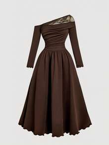 SHEIN MOD 大码复古棕色蕾丝拼布露肩女式连衣裙 - 棕色 - 查看 5