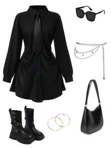 Rometta Plus Size Elegant Waist Ruched Shirt Dress - Black - View 4