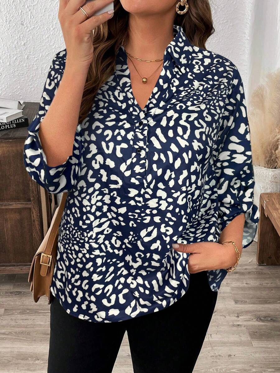 EMERY ROSE Camisa de manga media con estampado de leopardo talla grande - Azul Marino - Ver 1