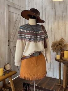 Wildy Geo Pattern Raglan Sleeve Sweater,Long Sleeve Tops In Fall/Winter