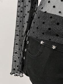 Sunspun Silver Metallic Mesh Polka Dot Flocked Fitted Crew Neck Long Sleeve Plus Size T-Shirt