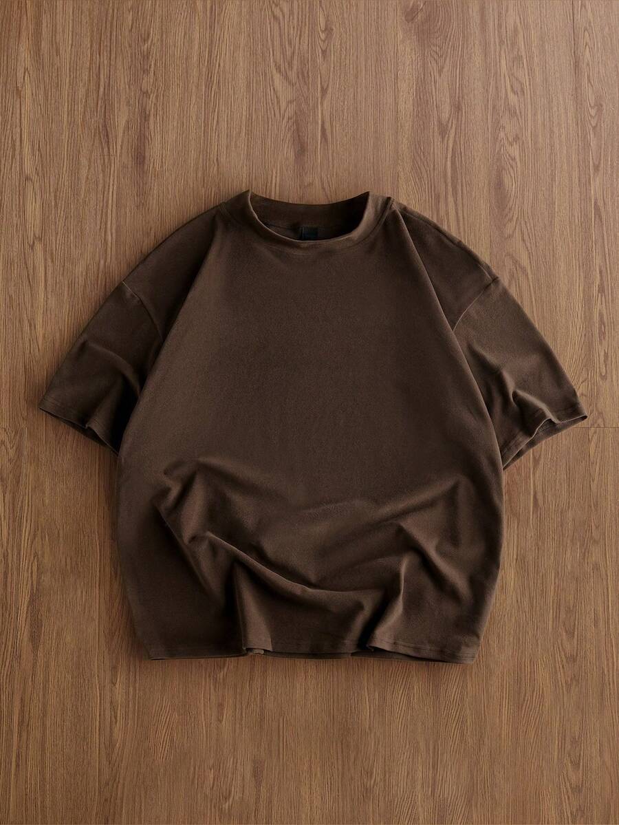 TOKVUE 男士休闲运动舒适纯色短袖棕色T恤，男士棕色上衣，冬季 - 咖啡棕 - 查看 1