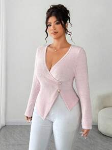 Elenzga Camiseta casual de manga larga con cuello cruzado en V para mujer talla grande, cómoda y de moda para uso diario, otoño/invierno