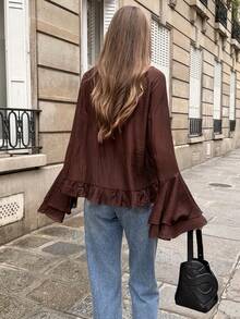SHEIN PariChic Áo cánh nữ cổ vuông tay loe viền bèo nhún thanh lịch cổ điển - màu nâu - Xem 2