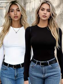 2 piezas camiseta de mujer de manga larga con cuello redondo, corta y ajustada, con diseño minimalista casual, apta para primavera/otoño - blanco y negro - Ver 1