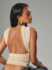 Hauture Business Office Sexy Fall Soft Brushed Sweetheart Ruched Pleated Backless Halter Top - Khaki - View 2
