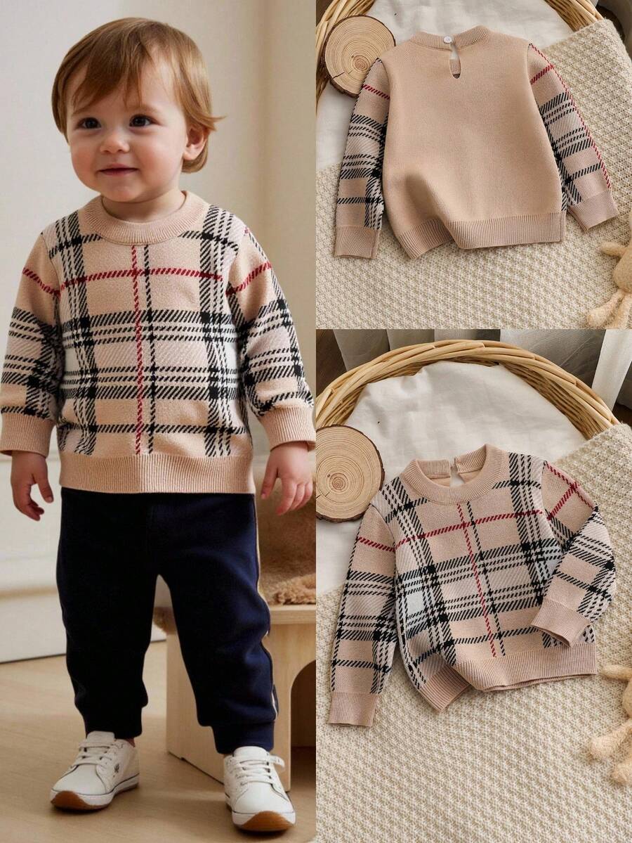 Áo len dệt kim kẻ caro màu kaki kiểu retro dễ thương và thoải mái cho bé trai, thích hợp mặc hàng ngày, đi du lịch, nghỉ mát, ở nhà, chơi đùa, mùa thu đông, Giáng sinh, tựu trường, áo len dài tay mùa xuân, thu đông, lễ hội cho bé trai, áo len trẻ em, áo len mùa thu, quần áo trẻ em kẻ caro. - Màu Khaki - Xem 1