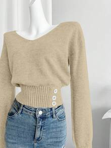 Celisse Áo len dài tay đơn giản, tối giản, màu trơn dành cho nữ - Màu be - Xem 5