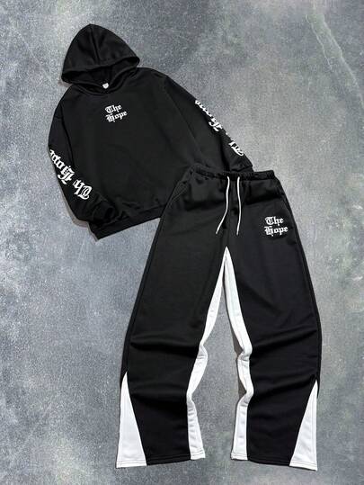 Coolqubz Set de 2 piezas de sudadera con capucha y pantalón de chándal de pierna recta casual para adolescentes, diseño estampado, adecuado para uso casual en otoño