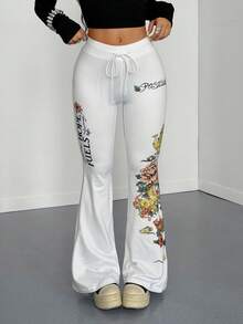StreetHx Women's Fashion Letter & Floral Print Drawstring Waist Flare Leg Pants - Multicolor - View 3