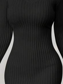 Flirla 休闲纯色修身迷你针织连衣裙，秋冬季 - 黑色 - 查看 7