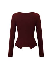 Zielony ChicEase 女款 Y2k 简约休闲可爱复古美式方领纯色长袖时尚上衣，春夏款，适合日常校园辣妹和居家休闲穿着 T 恤 - 酒紅色 - 查看 8