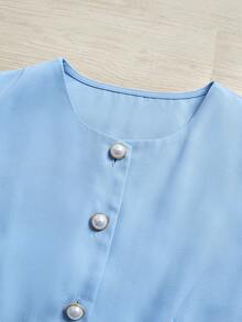 SHEIN LUNE 2 件套女士休闲纯色亚麻修身圆领背心和阔腿短裤套装，春夏 - 藍色 - 查看 3