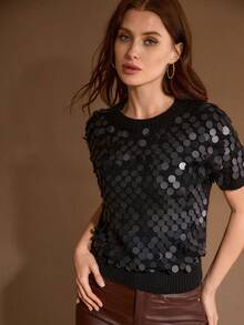 MOTF PREMIUM Áo len chui đầu tay ngắn đính sequin thời trang đa năng - màu đen - Xem 4