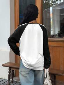 SHEIN EZwear Women's New Patchwork Loose Fit Long Sleeve Retro T-Shirt With Pony Pattern,Fall,Fall Clothes For Women,Women's Winter Clothes