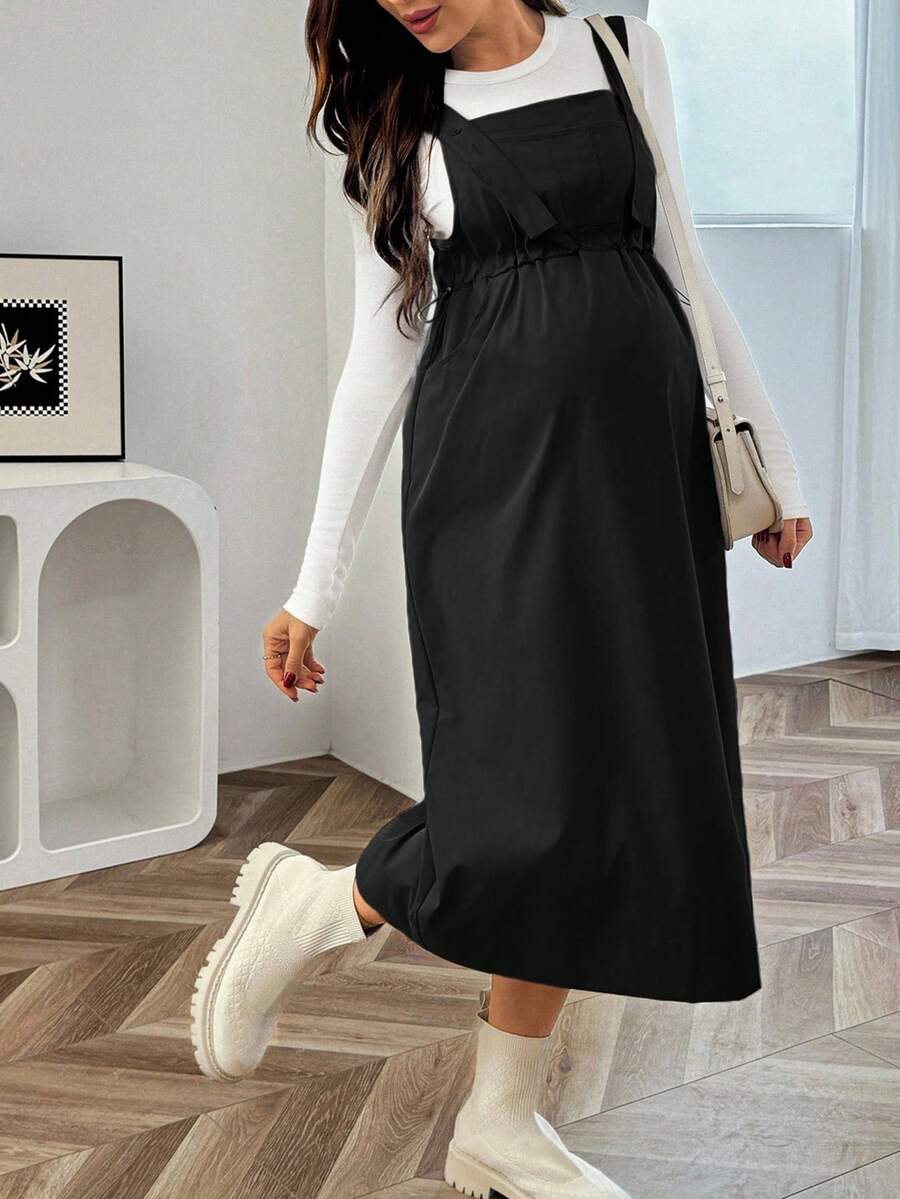 SHEIN 孕妇纯色简约长袖休闲连衣裙 - 黑色 - 查看 1