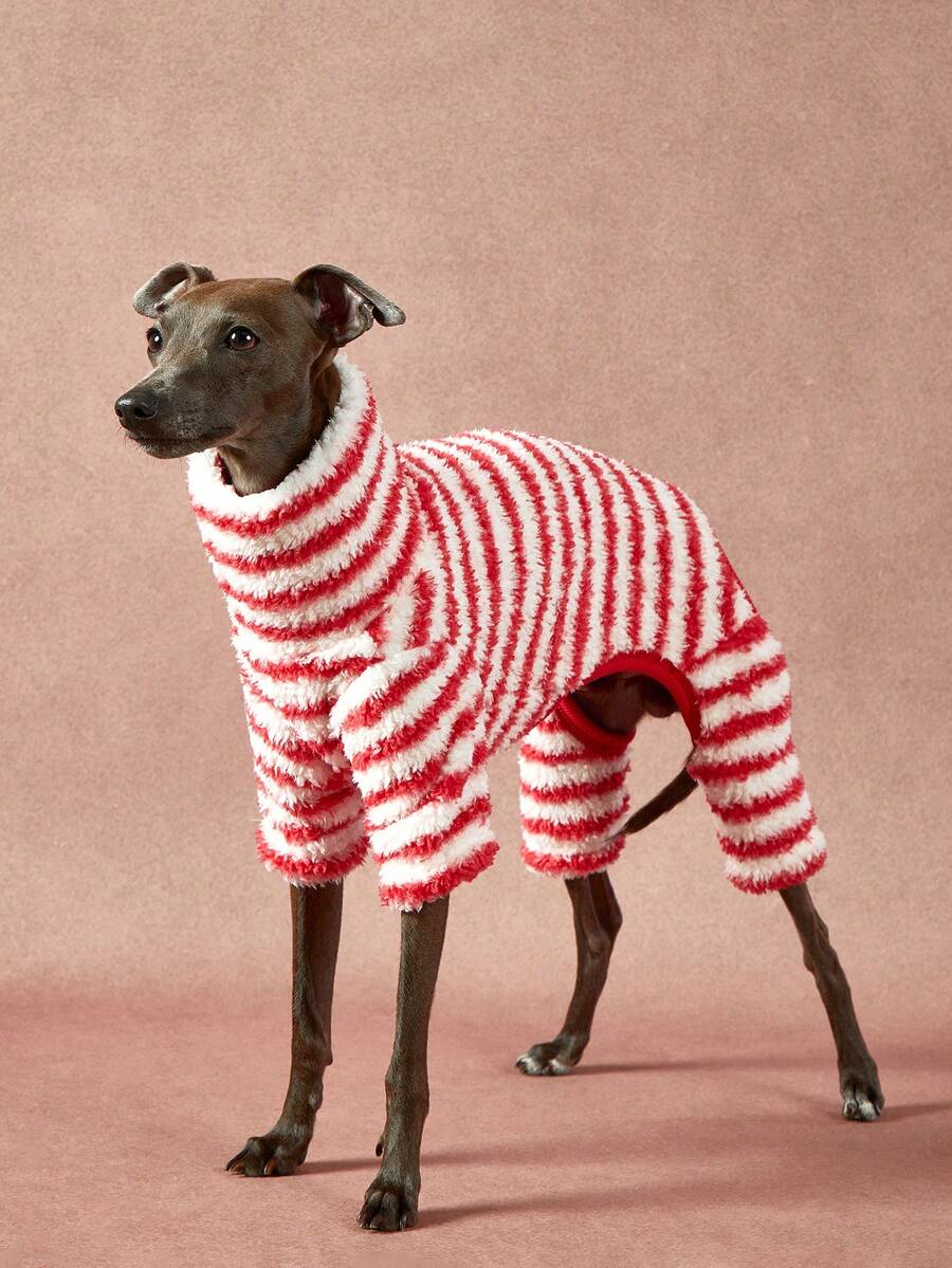 1件宠物秋冬时尚经典复古红白条纹印花学院风双面毛绒保暖弹力舒适狗狗高领连体衣 - 彩色 - 查看 1