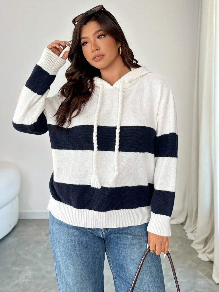 Calvaya 大码女式针织毛衣，厚连帽套头衫，腰部抽绳，拼色休闲日常穿着，冬季 - 彩色 - 查看 1