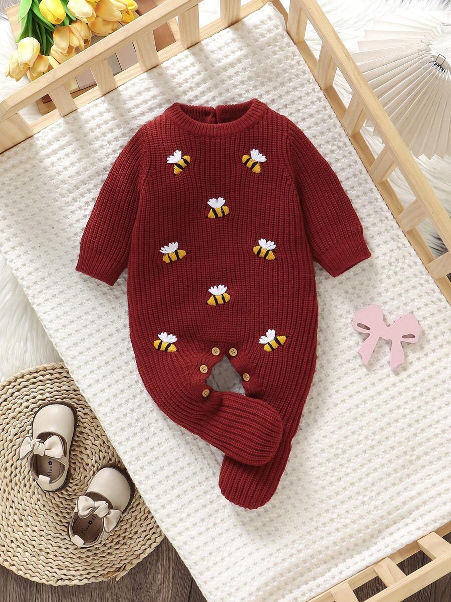 SHEIN 1 bộ đồ liền thân trẻ sơ sinh, màu trắng kem, cổ tròn, tay dài, thêu hình con ong dễ thương, phong cách tối giản - Đỏ - Xem 1