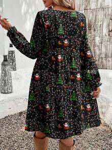 EMERY ROSE Christmas Casual Minimalist Ditsy Floral Print Loose Fit Round Neck Plus Size Dress, Suitable For Autumn/Winter New Year Party