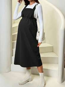 SHEIN 孕妇纯色简约长袖休闲连衣裙 - 黑色 - 查看 4