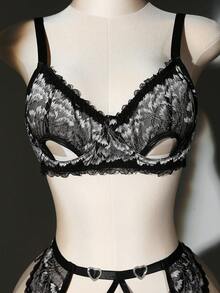 SHEIN 5件套加大码性感蕾丝拼接内衣套装 - 黑與白 - 查看 5