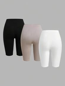SHEIN EZwear 3件套女士休闲针织紧身短款打底裤，夏季骑行短裤，女士骑行短裤套装，高腰骑行短裤，运动短裤，女士骑行短裤 - 彩色 - 查看 2
