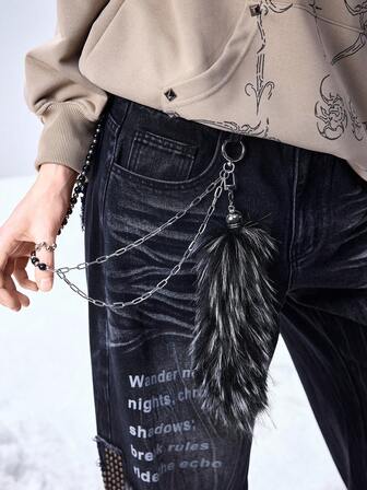 1 Stück Y2K Chic Zarte Punk-Goth-Style Handgefertigte Perlenkette aus Silber, CCB und schwarzem Harz, doppellagig, schwarz-weißer Ombré-Pelz-Wolfs-/Fuchsschwanz, DIY-Hosekette, Taillenkette, Taschenanhänger, geeignet für Damen, Alltagskleidung, Weihnachtsgeschenk, Cut-Out