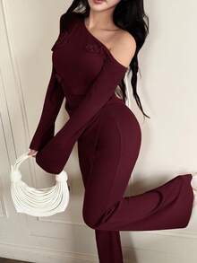 Feyla 女士时尚休闲斜肩上衣和裤子两件套 - 酒紅色 - 查看 3