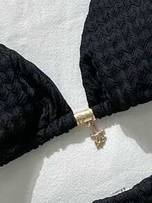 Swim Mod Women's Summer Solid Cream Yellow Jacquard Fabric Star Decor Halter Bikini Set Capri Holiday - Black - View 5