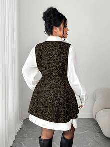 Elenzga Damen Große Größen Set aus Wildleder Leoparden Muster Lässig Hemdkleid, Herbst/Winter - Armeegrün - Übersicht 2