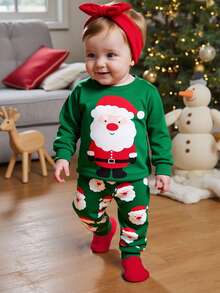 SHEIN 女婴圣诞休闲可爱卡通印花长袖套头卫衣和运动裤套装 - 綠色 - 查看 3