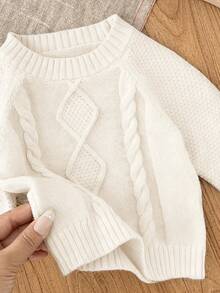 SHEIN Newborn Baby Girl Casual Brown Long Sleeve Sweater, Autumn/Winter Cable Knit Baby Sweater Baby Boy Jumper Baby Winter Sweater Baby Solid Color Knitted Sweater Unisex Baby Sweater - Apricot - View 7