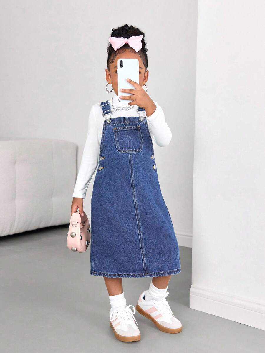 SHEIN 年轻女孩海军蓝牛仔背带裙 - 中等水洗藍 - 查看 1