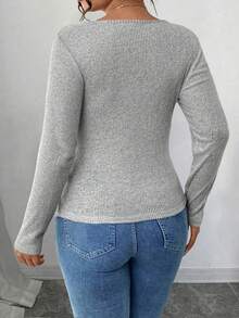 SHEIN PETITE Petite Series Textured Ribbed Crew Neck Long Sleeve Casual T-Shirt, Autumn/Winter - Grey - View 2