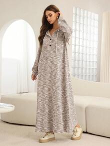 Al Najma Women's Autumn/Winter Button Hooded Colorblock Dress - Apricot - View 2