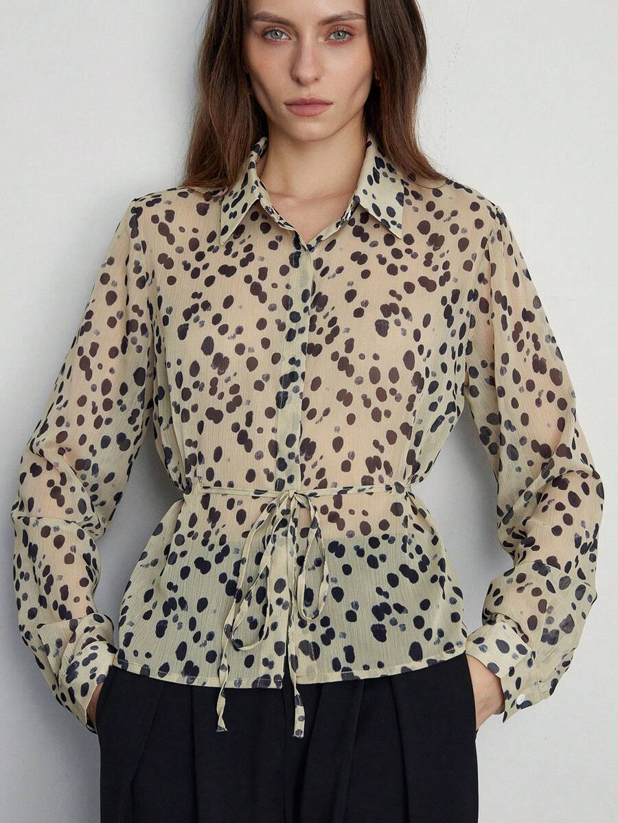 Aveloria Modichic Random Blue Polka Dot Print Shirt, Classic Collar Design, Drawstring Waist For Adjustable Fit, Suitable For Multiple Occasions - Yellow - View 1