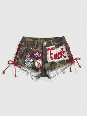 ROMWE Avant Damen Y2K Retro Jersey Sport Ballett Stil Grafik Logo Stickerei Kordelzug Camouflage Taille Sexy Mini Skinny Jeans Shorts