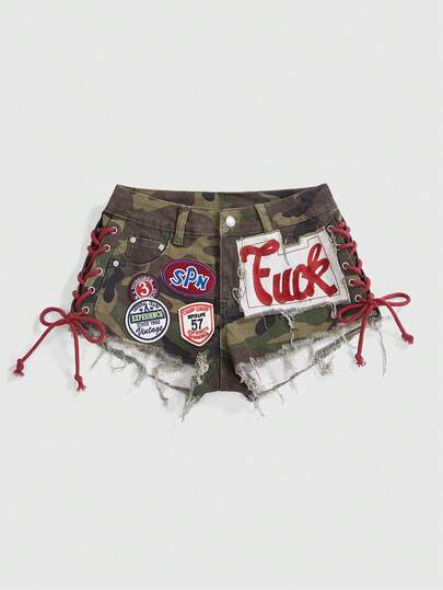 ROMWE Avant Short en jean moulant sexy taille basse avec logo graphique brodé, style ballet sportif rétro Y2K, cordon de serrage, camouflage