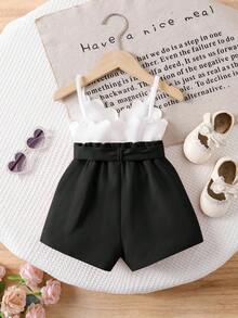 Babygirl Cute White Camisole & Elastic Waist Shorts Set, Summer - Black - View 2