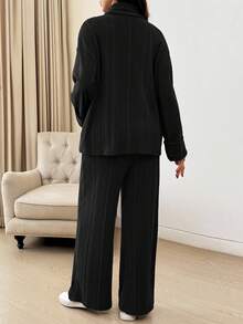 SHEIN 2件套孕妇休闲长袖上衣和裤子套装 - 黑色 - 查看 2