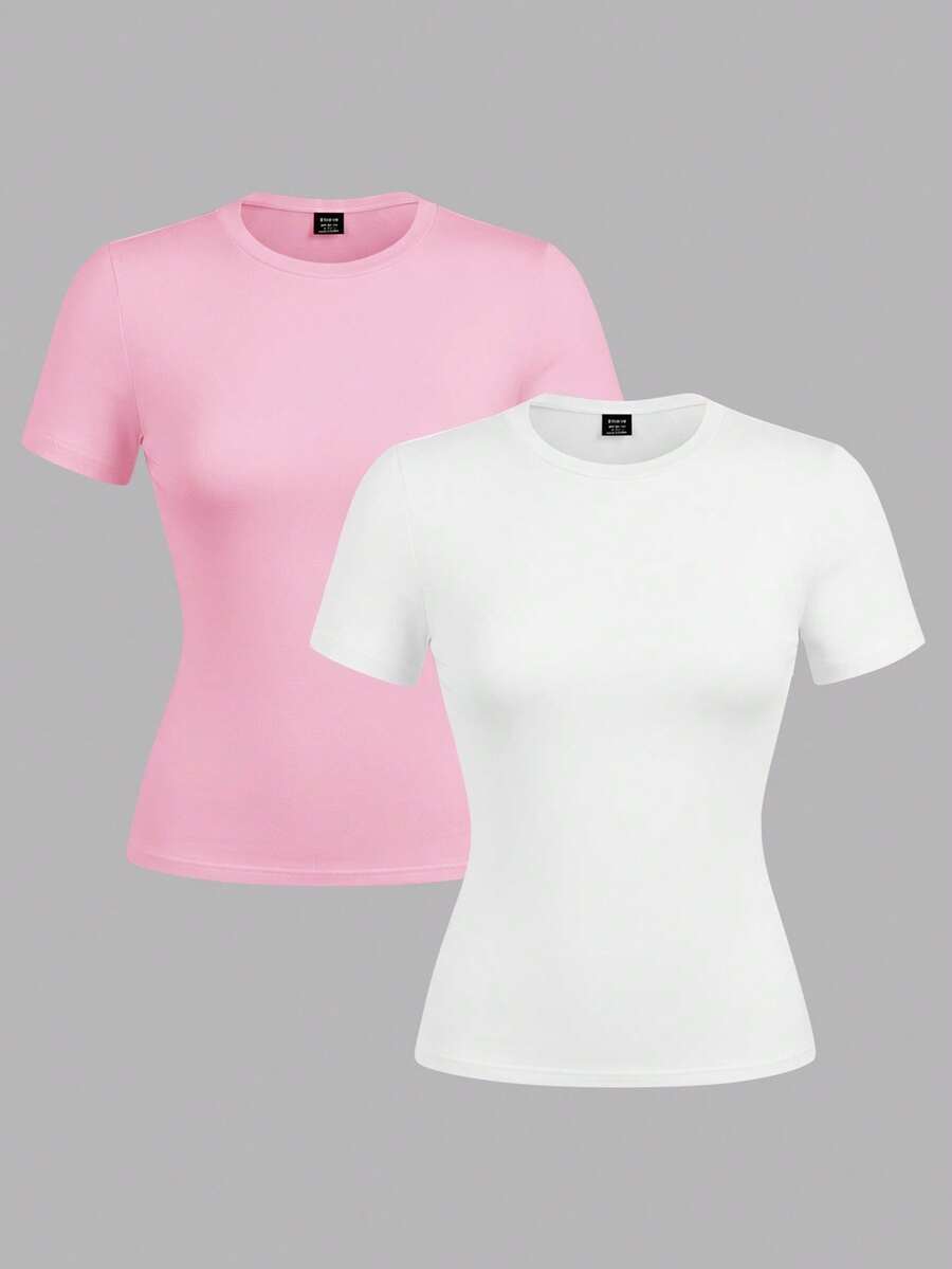 SHEIN EZwear 2pcs/Set Casual Minimalist Basic Round Neck Short Sleeve Undershirt, Pink & White, Spring/Summer - Multicolor - View 1