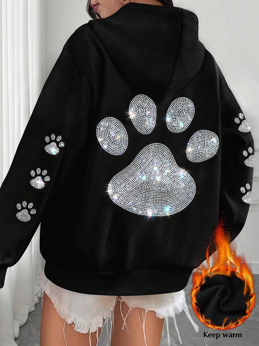 Elenzga Casual Plus Size Black Rhinestone Paw Print Sweatshirt Warm Long Sleeve Knitted Sweatshirt Regular Fit Pullover Top - Black - View 1