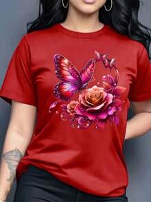 Camiseta suave para mujer - Camiseta gráfica floral y mariposa, cuello redondo, camisa casual para todos los días, regalo de cumpleaños y San Valentín - Camiseta de todos los tiempos, camisetas para mujeres, moda primavera, estampado artístico, ajuste cómodo, blusa impresa, amantes de la moda, regalo de vacaciones, material transpirable, camiseta de manga corta, moda femenina - Rojo - Ver 1