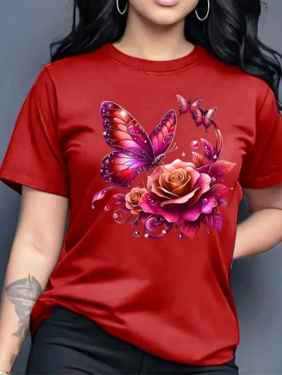 Camiseta suave para mujer - Camiseta gráfica floral y mariposa, cuello redondo, camisa casual para todos los días, regalo de cumpleaños y San Valentín - Camiseta de todos los tiempos, camisetas para mujeres, moda primavera, estampado artístico, ajuste cómodo, blusa impresa, amantes de la moda, regalo de vacaciones, material transpirable, camiseta de manga corta, moda femenina - Rojo - Ver 1