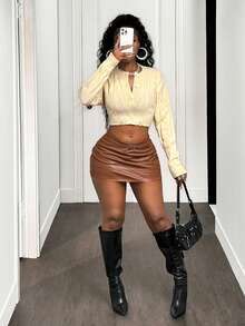 BamGleam Women's Beige Sweater,Autumn Chic Night Out Knitted Long Sleeve Half-Open Button Hole Short Slim Fit Vacation Casual Party Winter Sweaters - Beige - View 7